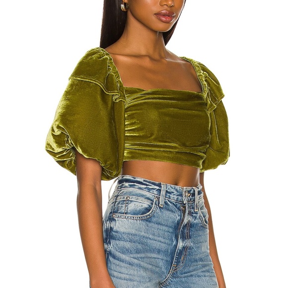 NEW $158 TULAROSA Olive Green Velvet Puff sleeve crop top Mirella Top SIZE XS - Picture 2 of 4